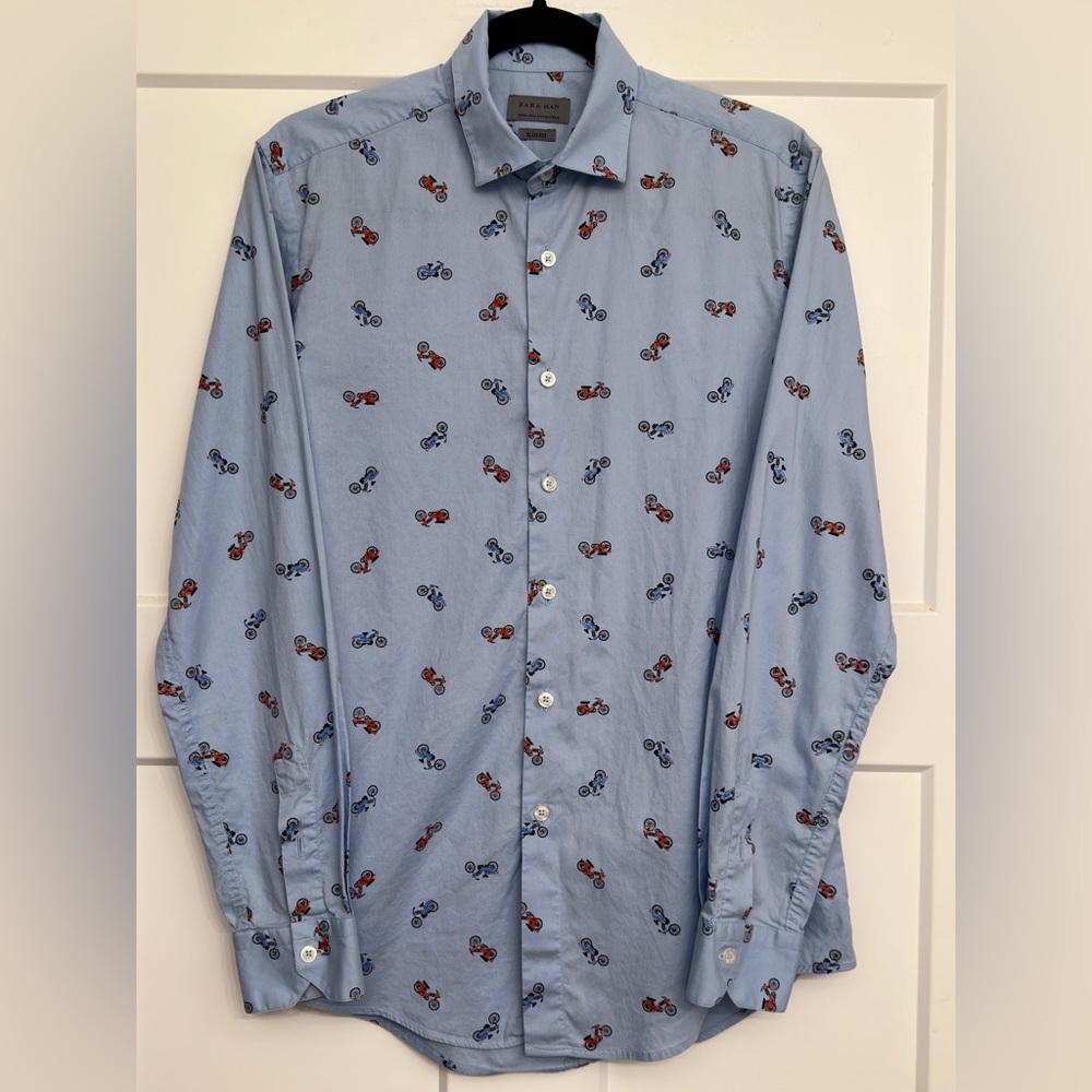 Zara Men’s Slim Fit M Button Down With Bicycles Blue
